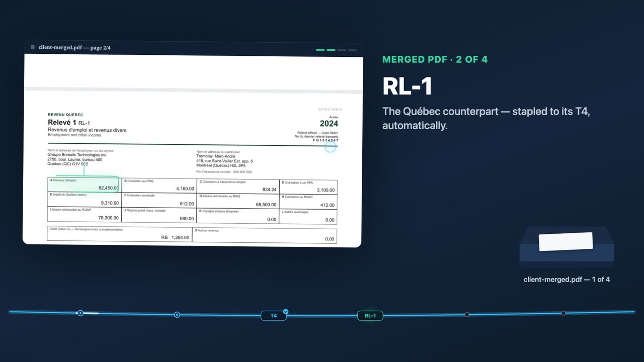 A merged, category-ordered tax package built by PDF Insight, showing an authentic T5 statement of investment income.