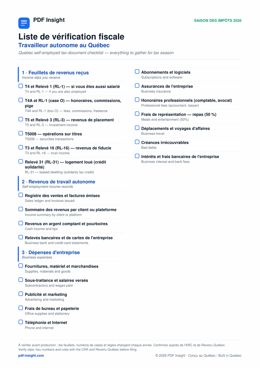 Page one of the PDF Insight Quebec self-employed tax-document checklist, listing income slips and business expenses in French and English.